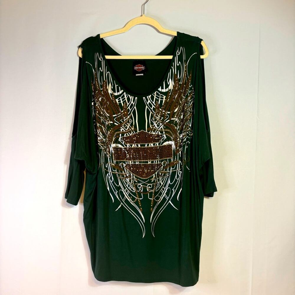 Harley-Davidson Green and Gold Oversized Embellished Graphic Tunic Size XL K0209